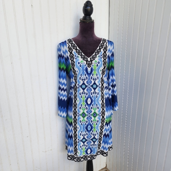 Maggy London Womens Abstract Print V-Neck Mini Tunic Dress Multicolor Blue Sz 6 - Picture 1 of 13